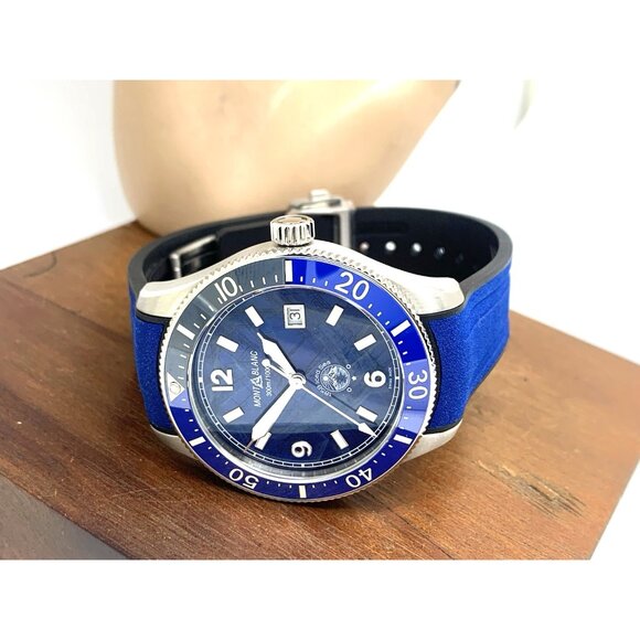 Montblanc Men's Watch 129370 Iced Sea 1858 Swiss Automatic Blue Dial Rubber Band - Picture 9 of 15